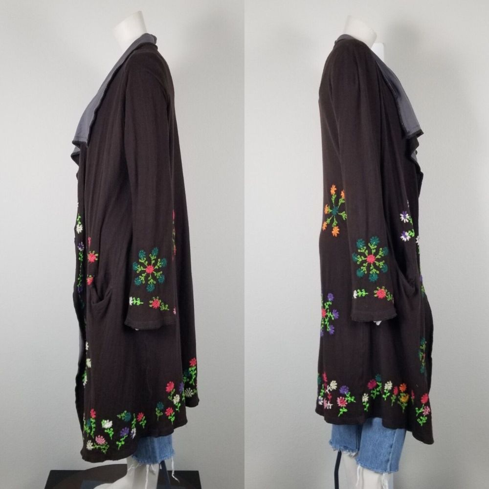 Biya Johnny Was Brown Floral Embroidered Waterfall Long Brown Cardigan Size M - Picture 2 of 15